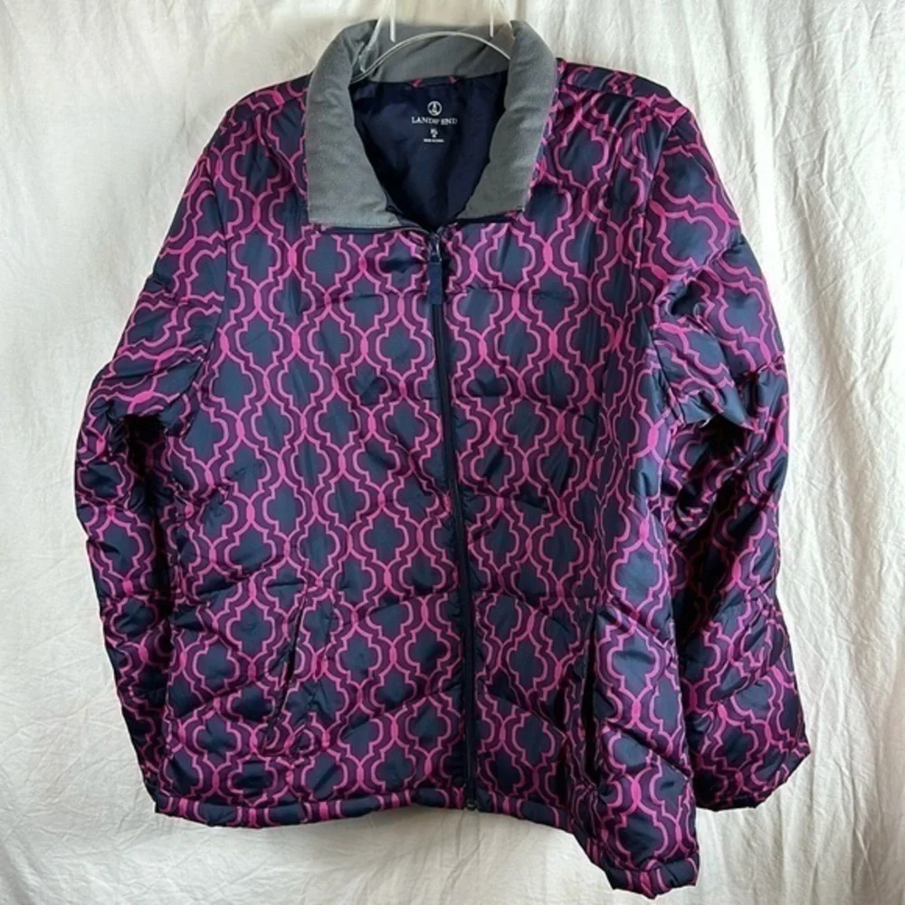 Lands End Girls Puffer Winter Jacket Size XL (18) Pink Navy Blue Down Filled
